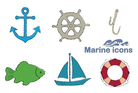 Nautical motive, chalk drawing color icons, isolated on white background, anchor, carp fish, helm, sailboat, lifebuoy, hook, vectorのイラスト素材