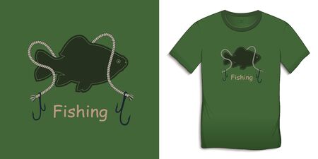 Print on t-shirt graphics design, motive green image, fish carp with rope and hooks, isolated on background vectorのイラスト素材