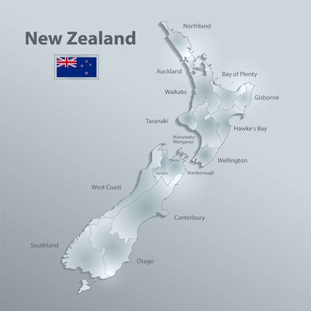 New Zealand map and flag, administrative division separates regions and names, design glass card 3D vectorのイラスト素材