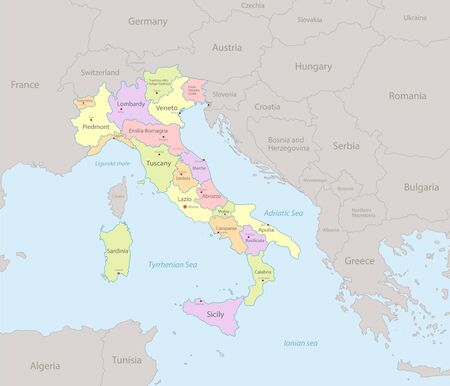 Italy map with neighboring states, administrative division and names with cities, classic colors maps design vectorのイラスト素材