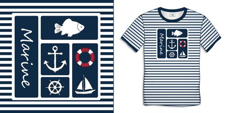 Print on t-shirt graphics design sailor stripes, nautical icons collections anchor, fish carp, sailing boat, rudder, lifebuoy, isolated on white background vectorのイラスト素材