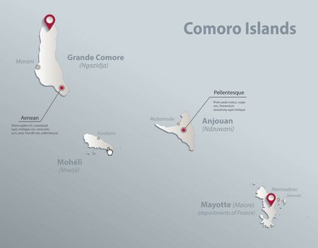 Comoro islands map and names city,  blue white card paper 3D vectorのイラスト素材