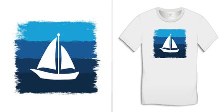 Print on t-shirt graphics design, paint blue and sailing boat, isolated on white background vectorのイラスト素材