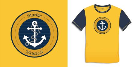 Print on t-shirt graphics design, marine yellow round logo with anchor and rope, isolated on background vectorのイラスト素材