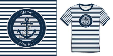 Print on t-shirt graphics design, marine logo sailor stripes with anchor and rope, isolated on white background vectorのイラスト素材