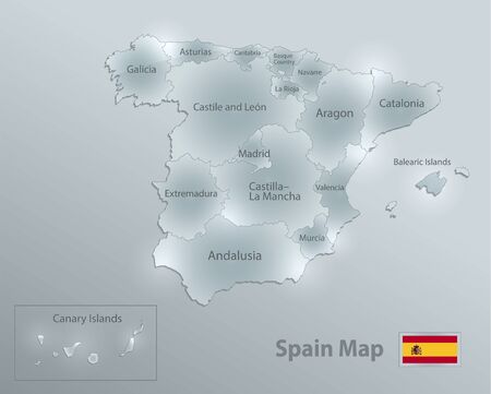 Spain map and flag, administrative division, separates regions and names, design glass card 3D...