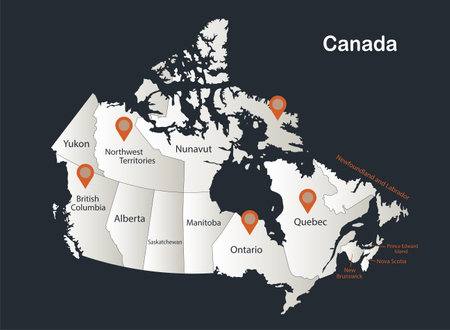 Canada map, Infographics flat design colors snow white, with names of individual regions vectorのイラスト素材