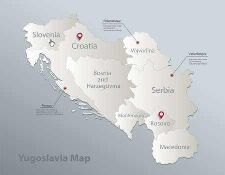 Yugoslavia map, administrative division with names, blue white card paper 3D vectorのイラスト素材