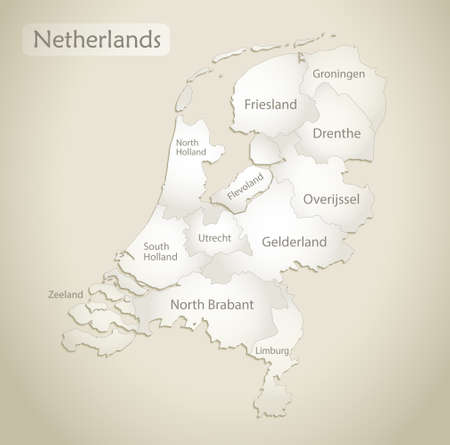 Netherlands map, administrative division with names, old paper background vectorのイラスト素材