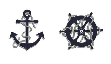 Marine design, nautical icons anchor and rudder with ropes vector
