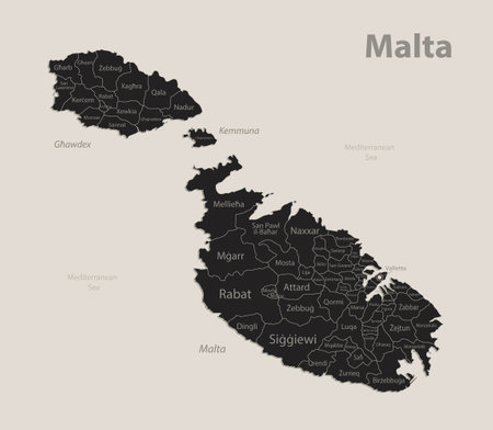 Black map of Malta with names of regions, design blackboard vectorのイラスト素材