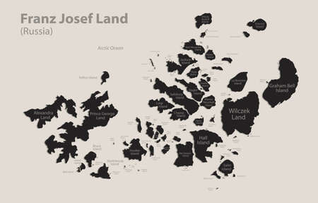 Black map of Franz Josef Land with names of regions, design blackboard vectorのイラスト素材
