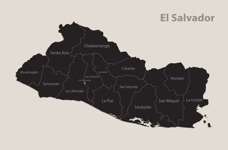 Black map of El Salvador with names of regions, design blackboard vectorのイラスト素材