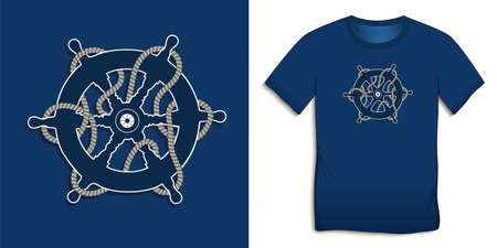 Print on t-shirt marine graphics design, rudder icon with rope, blue background vectorのイラスト素材