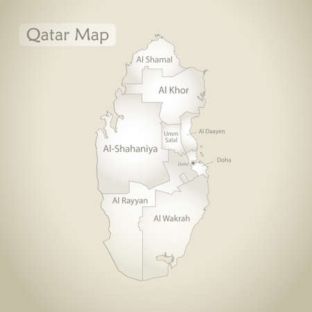 Qatar map, administrative division with names, old paper background vectorのイラスト素材