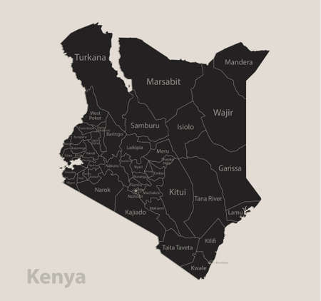 Black map of Kenya with names of regions, design blackboard vectorのイラスト素材