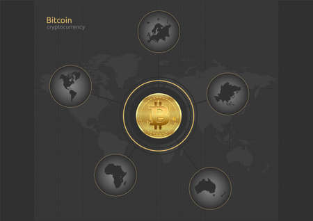 Bitcoin and continents map, infographics black flat design on graph paper vectorのイラスト素材