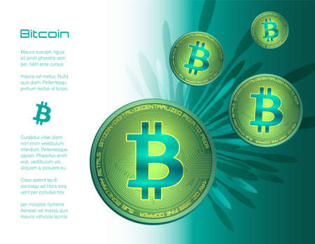 Bitcoin coins and firework on white and green background, infographics card vectorのイラスト素材