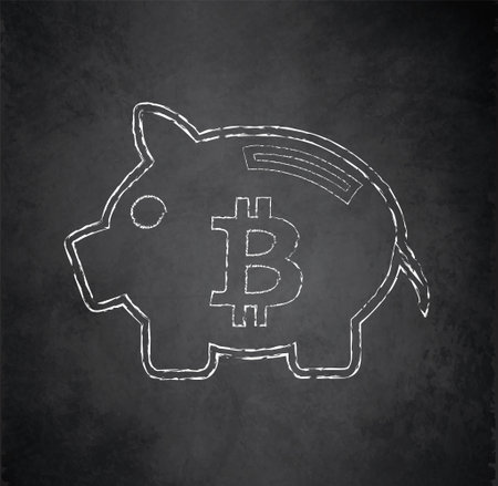 Saving piggy bank and Bitcoin icon on blackboard, chalk icon on chalkboard vectorのイラスト素材