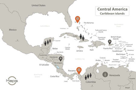 Caribbean islands and Central America map, individual regions with names, Infographics and icons vectorのイラスト素材