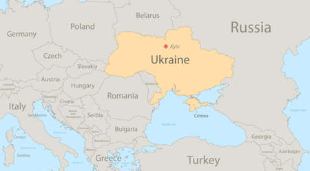 Map of Ukraine with surrounding states, classic color, individual states and city whit names vectorのイラスト素材