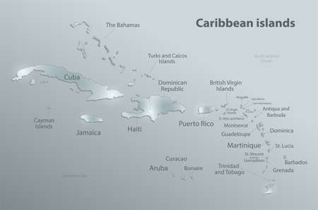 Caribbean islands map, individual islands and names, design glass card 3D vectorのイラスト素材