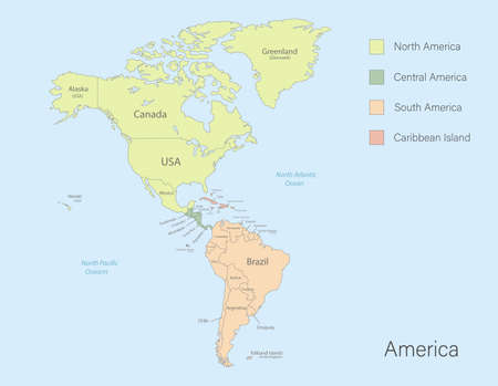 America map, classic color detailed map with states islands and sea with names vectorのイラスト素材