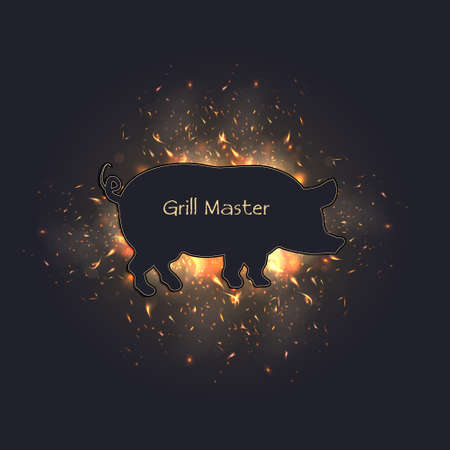Pig on fire grill, pork as a blackboard on the barbecue menu vectorのイラスト素材