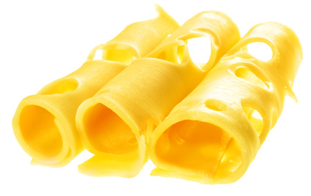 Cheese slices in roll isolated on white backgroundの写真素材