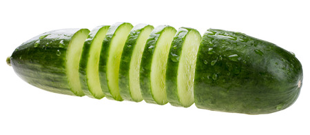 sliced cucumber isolated on white backgroundの写真素材