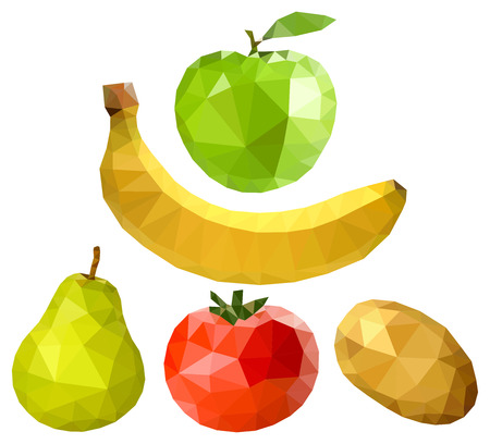 vegetables and fruits (apple, pear, banana, potato, tomato) isolated on white backgroundの写真素材