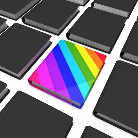 3d books and one book with rainbow coverの写真素材