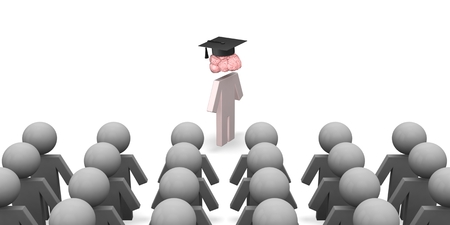 3d puppet with brain and graduation hat in crowd of stupidの写真素材