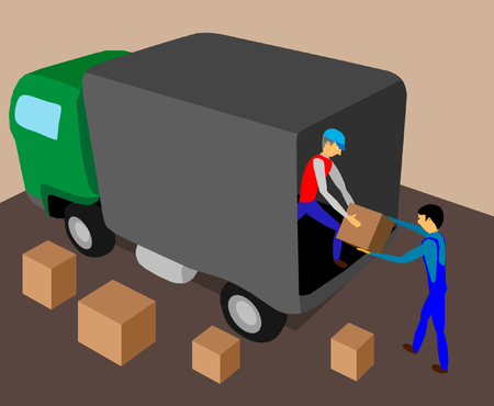 Two workers load the truck with cargo illustration.のイラスト素材