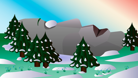 Early spring in the forest near the mountain in the shape of a human face.のイラスト素材