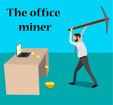 A businessman mines bitcoins using a laptop and a pickax. Bitcoins fall in the helmet.のイラスト素材