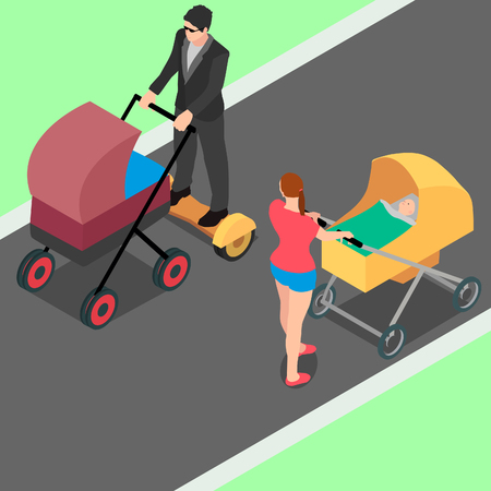 A man walks with a stroller and for convenience uses a hoverboard. A woman with a stroller looks with surprise at the man with the stroller and the hoverboard.のイラスト素材