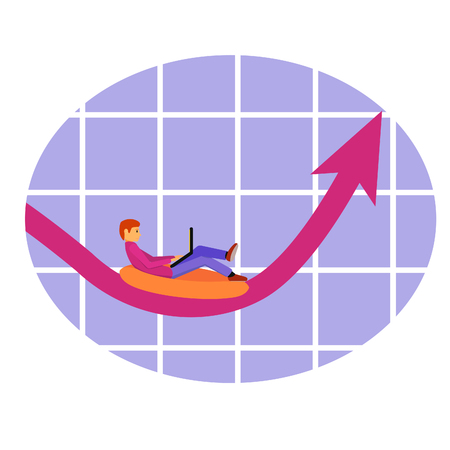 A freelancer works with a laptop and sits on a life buoy. A man in a flat style floats on the schedule in the up.のイラスト素材