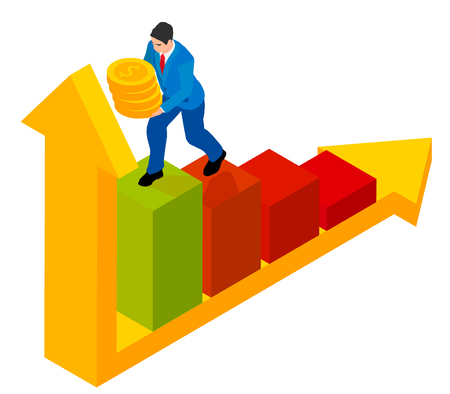 A man runs on a chart holding hands in his hands. Man in blue suit with coins in isometric.のイラスト素材