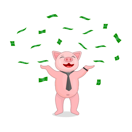 A pig in a tie and a watch is scattered about with money. Joyful pig in flat style is a symbol of wealth.のイラスト素材