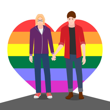 Two men hold hands, they are gay. Men stand with lgbt color.のイラスト素材
