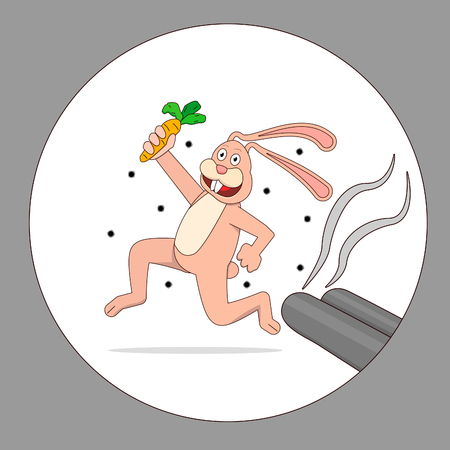 Cartoon hare runs away from the hunter. A rabbit with a carrot in his hand dodges a shot.のイラスト素材