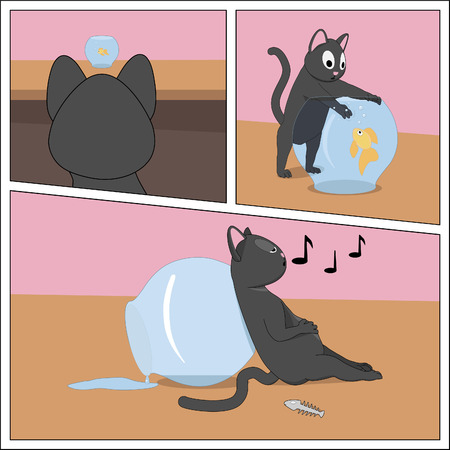 Adventure of a gray cat and a goldfish. The cat hunts a goldfish that swims in an aquarium.のイラスト素材