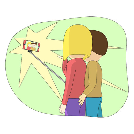 Cartoon couple making a selfie. Couple selfie together with smartphone and stick.のイラスト素材