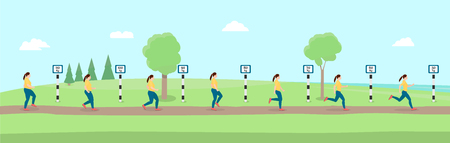 Seven slimming women running around the park. Women are trying to achieve results in losing weight.のイラスト素材