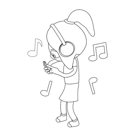 Girl in headphones listening to music. Cartoon girl looking in a smartphone favorite song.のイラスト素材