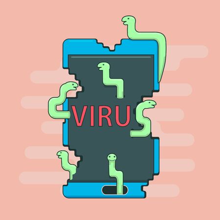 Abstract virus destroys a smartphone. Green worms eat blue phone.のイラスト素材