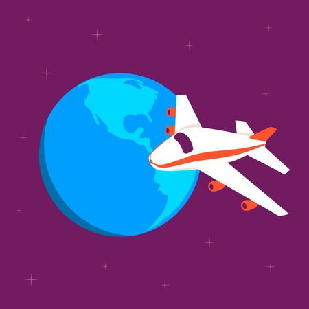 Airplane on the background of the earth in space. A plane flies around the earth.のイラスト素材