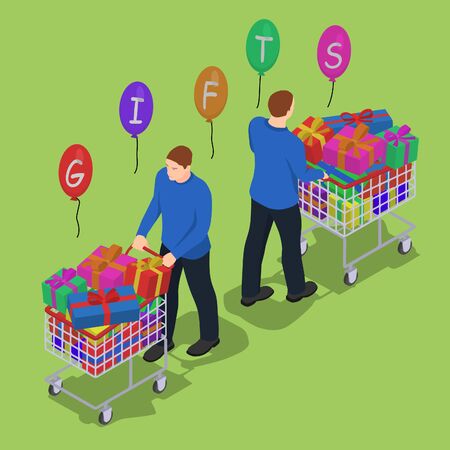 Men with a shopping cart in isometric view. Two identical men with gifts in trolleys.のイラスト素材