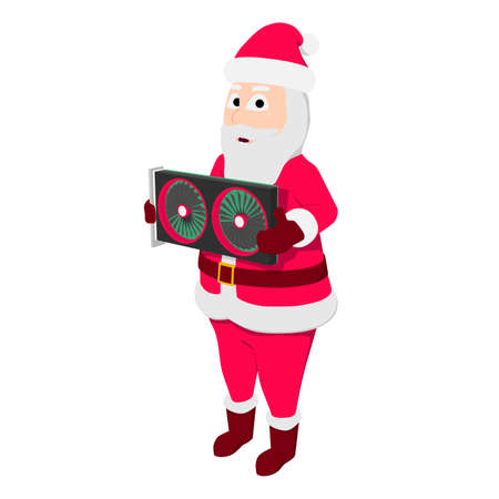 Cartoon Santa Claus with a graphics card. Santa Claus is holding an expensive and scarce video card for a computer.のイラスト素材
